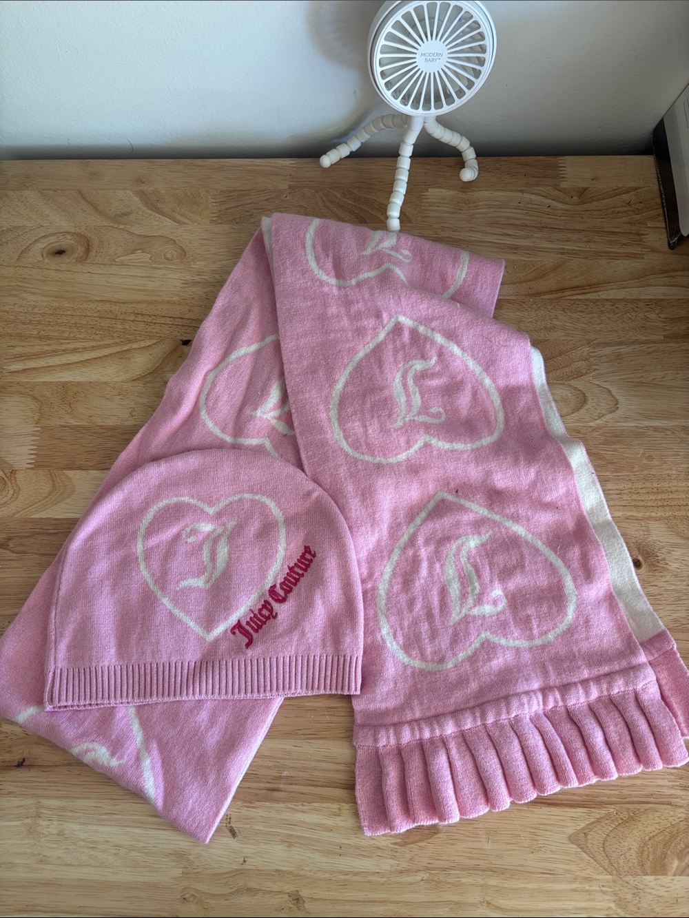 Juicy Couture Pink & Cream Heart Knit Scarf and Beanie Set